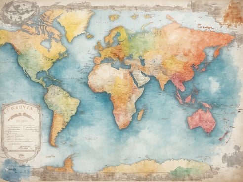 Eine farbenfrohe Weltkarte mit Aquarell-Design zeigt die verschiedenen Kontinente und Meere. Nordamerika, Südamerika, Europa, Afrika, Asien und Australien sind deutlich zu erkennen. Die Karte ist von sanften Farben geprägt, die eine künstlerische und einladende Atmosphäre schaffen. In der linken unteren Ecke befindet sich ein antik wirkendes Dokument, das möglicherweise Details zur Karte oder zu ihrer Herkunft enthält. Der Hintergrund ist in sanften Blautönen gehalten, was das Gesamtbild harmonisch wirken lässt. Diese Karte könnte als Inspiration für Reisen und Erkundungen dienen.
