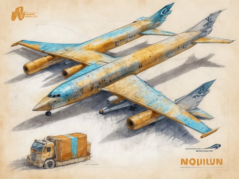 Abgebildet ist ein Konzeptdesign eines innovativen Frachtflugzeugs mit zwei Rumpf-Meridianen in leuchtenden Farben, die von Blau und Orange dominiert werden. Die Flugzeuge weisen einen futuristischen Look auf, während sie auf einem stilisierten Hintergrund platziert sind. Unterhalb der Flugzeuge befindet sich ein Lkw mit einem orangefarbenen Container. Das gesamte Bild vermittelt den Eindruck eines modernen Transportsystems für abgelegene Gebiete in Kanada.