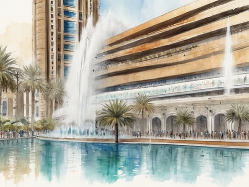 Die Dubai Fountain ist in voller Aktion zu sehen, umgeben von einer reflektierenden Wasseroberfläche. Im Hintergrund ragen moderne Hochhäuser empor, während Palmen im Vordergrund ein tropisches Flair verleihen. Am Rand des Wassers stehen Menschen und beobachten die beeindruckende Fontäne, die in die Luft schießt. Die Architektur der umliegenden Gebäude zeigt elegante Linien und Materialien, die den modernen Charakter von Dubai unterstreichen. Der Himmel ist hell und trägt zur lebendigen Atmosphäre der Szene bei.