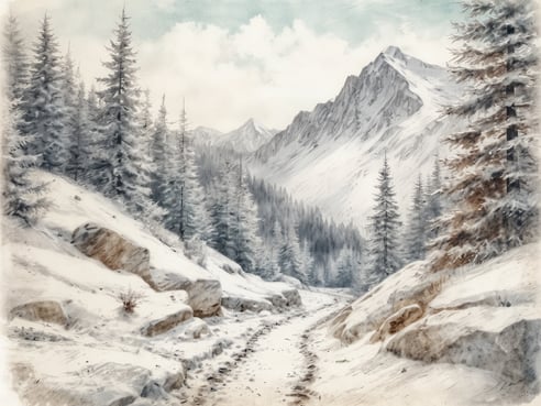 Eine malerische Winterlandschaft im Lammertal zeigt eine schneebedeckte Bergstraße, umgeben von majestätischen Tannenbäumen und hohen Bergen. Der sanfte Weg schlängelt sich durch die verschneite Umgebung, während die kalten Farben des Himmels die winterliche Stille betonen. Die Berge im Hintergrund erheben sich majestätisch und vermitteln ein Gefühl von friedlicher Abgeschiedenheit. Diese Szenerie vermittelt die Ruhe und Schönheit eines Winterparadieses, ideal für Naturliebhaber und Wanderfreunde.