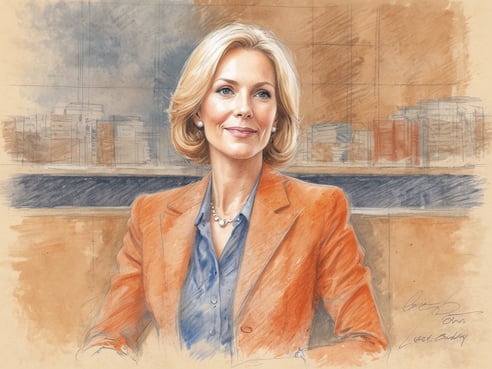 Eine Frau mit blonden, schulterlangen Haaren sitzt an einem Tisch und lächelt. Sie trägt eine orangefarbene Blazerjacke über einer hellblauen Bluse und eine Perlenkette. Im Hintergrund sind verschwommene Buchregale und eine stilisierte Büroumgebung zu erkennen. Das Bild ist in einem gemalten Stil gehalten.