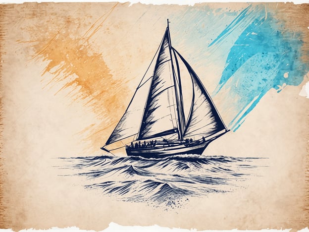 Ein handgezeichnetes Segelboot fährt über wellige Wasserflächen. Das Boot hat große weiße Segel, die im Wind blähen. Im Hintergrund sind Aquarellfarbenspritzer in warmen Orangetönen und kühlem Blau zu sehen, die dem Bild eine dynamische und lebendige Atmosphäre verleihen. Die gesamte Komposition vermittelt ein Gefühl von Abenteuer und Freiheit auf dem Wasser.