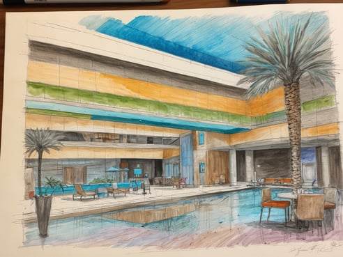 Das Bild zeigt eine stilisierte Skizze eines modernen Innenraums, der einen luxuriösen Hotelbereich darstellt. Im Vordergrund verläuft ein Swimmingpool, umgeben von eleganten Liegen und Stühlen. Palmen ergänzen die tropische Atmosphäre. Die Wände sind in kräftigen Farben wie Orange und Grün gestaltet, ergänzt durch große Fenster, die viel Licht hereinlassen. Der Raum vermittelt eine einladende und entspannende Stimmung, ideal für Gäste, die sowohl Erholung als auch Fitness erleben möchten.