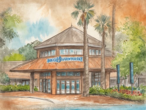 Das Bild zeigt das Busch Gardens Adventures Gebäude, das eine einladende Architektur mit einem schrägen, kupferfarbenen Dach und großen Fensterfronten aufweist. Umgeben von üppigem Grün und Palmen strahlt es ein freundliches Ambiente aus. Bunte Blumen schmücken den Eingangsbereich, während das Logo von Busch Gardens prominent an der Fassade zu sehen ist. Die gesamte Szene vermittelt ein Gefühl von Abenteuer und Gesundheit für Familien und lädt Besucher ein, die verschiedenen Attraktionen des Freizeitparks zu erkunden.