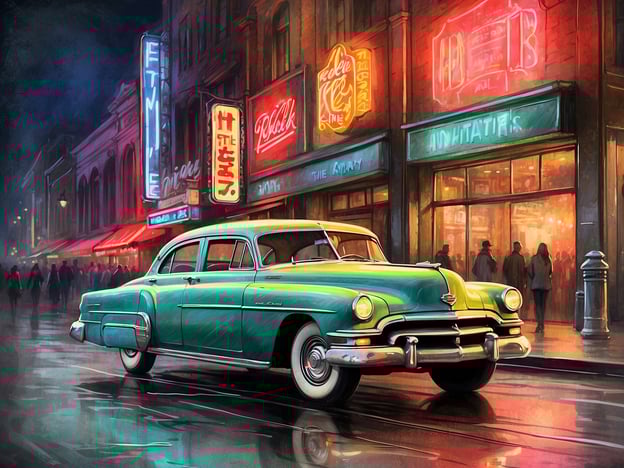 Auf dem Bild ist ein stilvoller, klassischer Wagen in einer lebhaften Umgebung zu sehen, die in lebhaften Neonlichtern erstrahlt. Diese Art von Szenerie erinnert an das pulsierende Nachtleben Budapests, besonders in den beliebten Vierteln wie dem jüdischen Viertel oder rund um die Andrássy Straße.Das Nachtleben in Budapest ist bekannt für seine ruin pubs, in denen alte Ruinen in angesagte Bars umgewandelt wurden, sowie für die zahlreichen kulturellen Veranstaltungen, die hier stattfinden. Die bunten Lichter deuten auf eine vibrierende Atmosphäre hin, wo sich Menschen versammeln, um einen Abend voller Unterhaltung, Musik und kulinarischer Köstlichkeiten zu verbringen. Die Stadt verbindet Tradition mit Moderne, was sich auch in der Architektur und der kulturellen Vielfalt widerspiegelt.