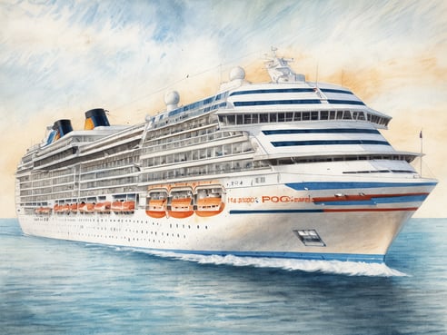 Ein großes Kreuzfahrtschiff mit der Aufschrift P&O Cruises fährt über ruhige Gewässer. Es hat mehrere Decks, große Fenster und orangefarbene Rettungsboote an der Seite. Der Himmel ist blau mit sanften Wolken, während das Wasser glitzert. Das elegante Design des Schiffs vermittelt ein Gefühl von Luxus und Abenteuer.