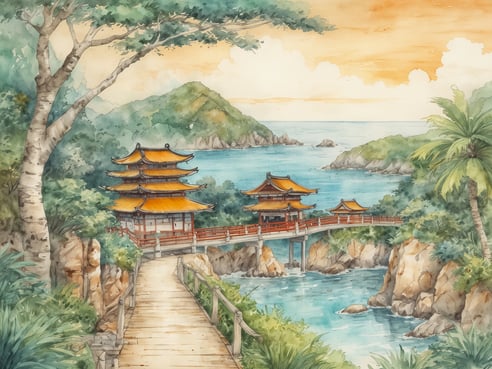 Eine malerische Küstenlandschaft mit einem traditionell japanischen Gebäude, das auf einem Steg über das Wasser gebaut ist. Umgeben von grünem Pflanzenbewuchs und schroffen Felsen, bietet die Szenerie einen Blick auf das ruhige, blaue Wasser mit kleinen Inseln im Hintergrund. Der Himmel ist in sanften orange und gelb Tönen gefärbt, was eine friedliche Atmosphäre schafft. Diese idyllische Umgebung lädt ein, Okinawas Geheimnisse der Langlebigkeit während einer 4-Tage-Wellness-Tour zu entdecken.