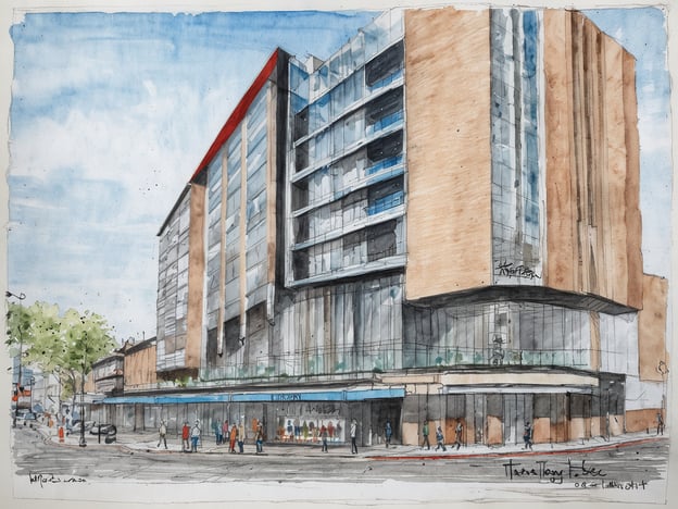 Eine künstlerische Skizze eines modernen Gebäudes im Stadtzentrum von Belfast. Das Design zeigt eine Kombination aus Glas- und Ziegelfassade mit einem auffälligen roten Dach. Vor dem Gebäude sind Gehwege zu sehen, auf denen Passanten flanieren. Einige Bäume sind im Vordergrund platziert, und die Umgebung wirkt lebhaft mit geschäftigem Treiben. Das Bild vermittelt einen Eindruck von urbaner Architektur und modernen Einrichtungen.