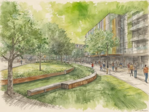 Eine lebendige Stadtlandschaft in Aquarelltechnik zeigt eine breite Fußgängerzone, umgeben von modernen Gebäuden mit bunten Fassaden. Mehrere Bäume spenden Schatten entlang der gepflasterten Gehwege, auf denen zahlreiche Menschen spazierend oder in Gruppen unterwegs sind. Im Vordergrund verläuft eine sanft gebogene Rasenfläche mit Sitzgelegenheiten aus Stein und Holz, die zur Entspannung einlädt. Die Szene vermittelt eine einladende Atmosphäre und verkörpert die moderne urbanistische Entwicklung von Raleigh.