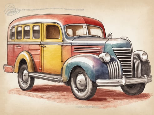 Ein buntes, historisches Mietwagen-Modell aus den 1940er Jahren steht in der Mitte des Bildes. Der Wagen hat eine markante Farbgebung mit rot, gelb und blau, sowie große Fenster und einen nostalgischen Charme. Die Stilrichtung des Bildes erinnert an Aquarellmalerei und bringt die Details und Konturen des Fahrzeugs zur Geltung. Die Darstellung vermittelt ein Gefühl von Abenteuer und Freiheit, ideal für eine Frühbuchersaison bei Mietwagen.