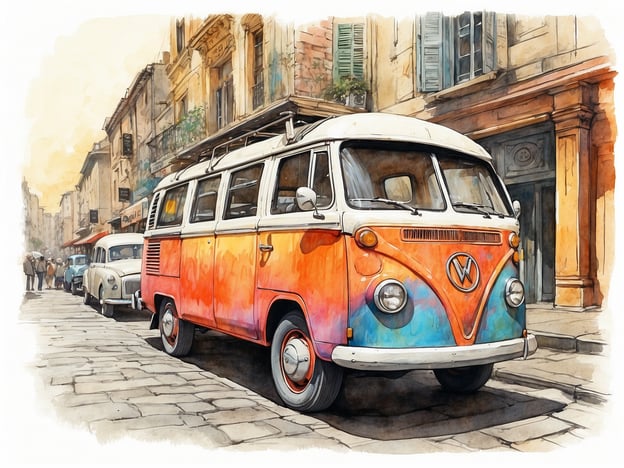 Auf dem Bild ist ein farbenfroher VW-Bus zu sehen, der in einer malerischen Straße parkt, umgeben von historischen Gebäuden. Diese Szenerie vermittelt ein Gefühl von nostalgischem Charme, das oft mit dem Lebensstil in Lissabon verbunden ist. Die Stadt ist bekannt für ihre lebhaften Farben, engen Gassen und das Mix aus traditioneller und moderner Architektur.In Lissabon spielt das Autofahren oft eine untergeordnete Rolle, da viele Bewohner und Touristen die Stadt lieber zu Fuß oder mit der Straßenbahn erkunden, um das kulturelle Leben und die Architektur hautnah zu erleben. Die Gestaltung der Straßen mit Cafés, Geschäften und Kunstgalerien spiegelt die kreative und einladende Atmosphäre der Stadt wider.Der VW-Bus selbst könnte Assoziationen zu einem entspannten, abenteuerlichen Lebensstil hervorrufen, der in Portugal, besonders im Sommer, sehr geschätzt wird. Oft nutzen Menschen solche Fahrzeuge für Ausflüge an die Strände oder in die Natur, die für die Kultur und den Lebensstil in der Umgebung von Lissabon typisch sind.