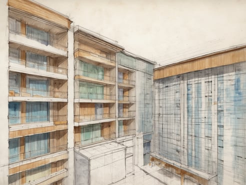 Das Bild zeigt eine architektonische Skizze eines modernen Hotelkomplexes mit mehreren Etagen. Die Fassade ist mit großen Fenstern und Balkonen gestaltet, die in verschiedenen Farben akzentuiert sind. Die Strukturen sind klar und geometrisch, wobei eine Seite eine glatte, transparente Oberfläche aufweist. Die Komposition vermittelt ein Gefühl von Weite und Modernität, ideal für die luxuriösen Neueröffnungen im Hotelsektor.