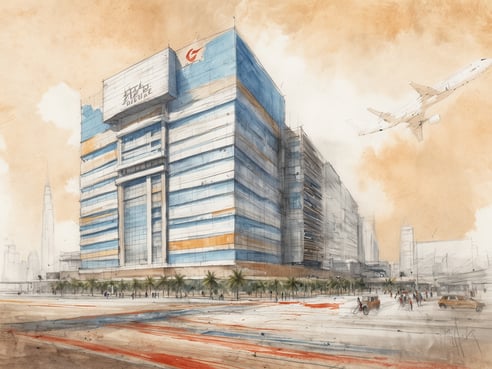 Eine moderne Architektur mit einem großen, mehrstöckigen Gebäude prägt das Bild. Das Gebäude hat eine markante Außenfassade mit blauen und orangefarbenen Streifen. Im Vordergrund sind Menschen zu sehen, die sich auf einem Platz bewegen, umgeben von Palmen. Im Hintergrund fliegt ein Flugzeug am Himmel, während in der Ferne eine andere Wolkenkratzer-Silhouette zu erkennen ist. Die gesamte Szenerie vermittelt ein urbanes, dynamisches Gefühl und symbolisiert die Verbindung von Reisen und Hotelaufenthalten mit Emirates Skywards und Accor: Jetzt mehr Rewards und Flexibilität bei Flug und Hotel.