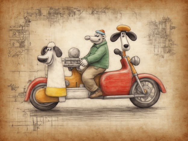 Eine gezeichnete Szene zeigt Wallace und seinen Hund Gromit, die auf einem roten Motorrad sitzen. Gromit trägt einen grünen Fahrradhelm und schaut aufmerksam nach vorne, während Wallace in einem grünen Pullover und einer blauen Mütze sitzt, bereit zum Fahren. Neben ihnen steht ein weißes Schaf, das ebenfalls auf dem Motorrad sitzt und mit einem gelben Rock bekleidet ist. Der Hintergrund ist skizzenhaft dargestellt, was dem Bild einen nostalgischen und künstlerischen Charakter verleiht.