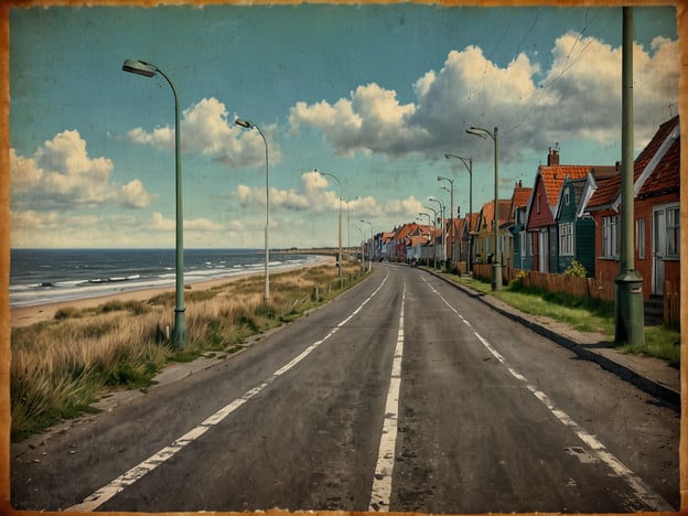 Auf dem Bild ist eine malerische Küstenstraße zu sehen, die entlang des Strandes verläuft. Auf der linken Seite sieht man das Meer mit sanften Wellen, während rechts bunte Häuser mit klassischen Dachformen stehen. Die Straße ist übersichtlich und es gibt laternen, die eine charmante Atmosphäre schaffen. Die untere Bildhälfte zeigt grünes Gras, das an den Weg grenzt.
Fazit: Büsum als Fahrradparadies bietet eine idyllische Kulisse für Radfahrer, um die Schönheit der Küstenlandschaft zu genießen.