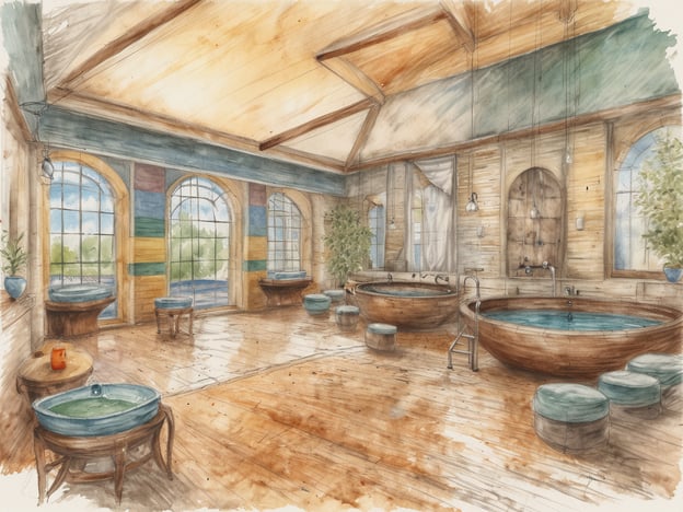 Ein stilvolles Wellnesszimmer mit mehreren runden Badewannen, die aus Holz gefertigt sind. Der Boden besteht aus hellem Holz und die Wände sind in sanften Farben gehalten. Große Fenster lassen viel Tageslicht hinein und bieten einen Blick ins Grüne. Pflanzen sind strategisch im Raum platziert, um eine entspannende Atmosphäre zu schaffen. Auf einem Tisch steht eine kleine Kerze, die dem Raum zusätzliche Gemütlichkeit verleiht.