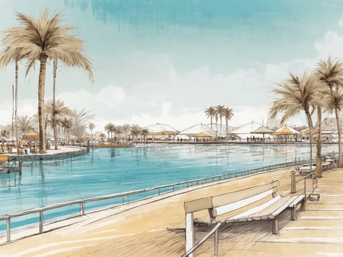 Ein malerischer Blick auf Banana Island in Katar, wo eine ruhige Wasserlandschaft sanft im Sonnenlicht glitzert. Palmen säumen das Ufer und bieten Schatten für Sonnenliegen, die am Strand platziert sind. In der Ferne sind kleine Hütten mit sonnigen Schirmen zu sehen, die auf einem Pier stehen. Der Himmel zeigt ein sanftes Blau mit weißen Wolken, was das entspannte Urlaubsgefühl verstärkt.