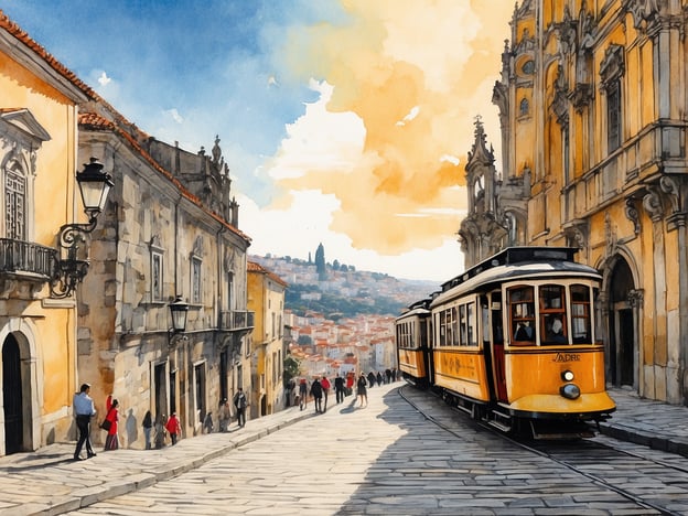 Auf dem Bild sieht man eine malerische Straße in Lissabon, die für ihre steilen Hügel und das historische Ambiente bekannt ist. Der gelbe Straßenbahnwagen, eine ikonische Attraktion, fährt durch die enge Gasse, die von charmanten alten Gebäuden gesäumt ist. In Lissabon könnte man solche Szenen genießen, während man durch die Viertel Alfama oder Bairro Alto spaziert.Hier kann man die lebendige Atmosphäre der Stadt erleben, Straßenmusikern zuhören und in kleinen Cafés die lokale Küche probieren. Ein Spaziergang auf den gepflasterten Straßen, die bunten Häuser und die Aussicht auf den Tejo-Fluss sind ebenfalls Highlights eines Besuchs. Es gibt viele Möglichkeiten, die Kultur und Geschichte Lissabons hautnah zu erleben, von den faszinierenden Azulejos bis hin zu historischen Sehenswürdigkeiten wie dem Mosteiro dos Jerónimos oder dem Castelo de São Jorge.