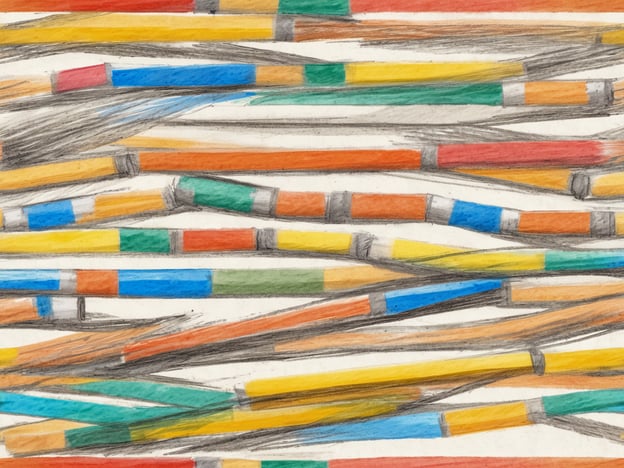 Bunte Farbstriche in verschiedenen Längen und Breiten sind auf einem hellen Hintergrund angeordnet. Die Striche sind überwiegend in den Farben Blau, Grün, Rot, Gelb und Orange gehalten und scheinen sich überlagern und kreuzen. Einige der Farbstriche haben graue Schattierungen, die ihnen Tiefe verleihen. Das Gesamtbild wirkt abstrakt und einladend.