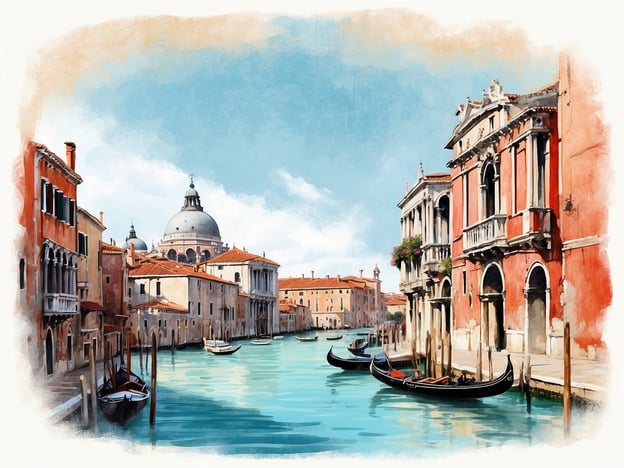 Auf dem Bild ist eine malerische Szene aus Venedig zu sehen, die die charakteristischen Kanäle und historischen Gebäude der Stadt zeigt. Venedig, oft als „La Serenissima“ bezeichnet, hat eine faszinierende Geschichte, die bis ins 5. Jahrhundert zurückreicht. Die Stadt entwickelte sich zu einem wichtigen Handelszentrum und war bekannt für ihre prächtigen Paläste, die entlang der Kanäle errichtet wurden.Die Gondeln, die auf dem Wasser schwimmen, sind emblematisch für Venedig und spiegeln die Tradition der Fortbewegung auf dem Wasser wider. Viele der abgebildeten Gebäude könnten von der Renaissance beeinflusst sein, einer Zeit, in der Venedig seinen künstlerischen und kulturellen Höhepunkt erreichte. Der Stil und die Atmosphäre auf dem Bild laden dazu ein, die reiche Geschichte und die Architektur der Stadt zu erkunden.