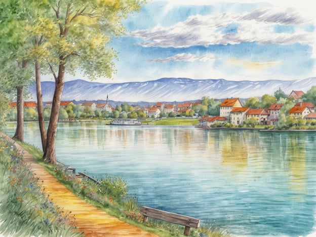 Eine malerische Landschaft am Bodensee ist zu sehen. Der klare See spiegelt die umliegenden sanften Hügel und die Architektur der kleinen, idyllischen Stadt wider. Am Ufer führt ein gepflasterter Weg, gesäumt von bunten Blumen und Bäumen, entlang. Auf dem Wasser liegt ein Ausflugsschiff, während im Hintergrund die malerischen Häuser mit ihren roten Dächern und grünen Bäumen das Bild abrunden. Der Himmel ist leicht bewölkt, was eine friedliche Atmosphäre schafft und auf das Jahr 2025 voller Musik, Kunst und Festivals am Bodensee hinweist.