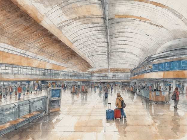 Eine moderne Flughafenhalle mit hohen, gewölbten Decken und großen Fenstern. Der Boden ist glänzend und reflektiert das Licht. Verschiedene Passagiere bewegen sich durch die Halle, einige stehen an Check-in-Schaltern, während andere mit ihrem Gepäck unterwegs sind. Die Wände sind mit Informationsschildern und Anzeigen ausgestattet. Auf der rechten Seite sind Sitzbereiche mit Holzbankelementen zu sehen. Die Atmosphäre ist lebhaft und geschäftig, was auf einen hochfrequentierten Flughafen hindeutet.