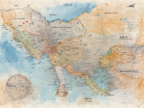 Eine künstlerische Landkarte von Mittelamerika, die in sanften Wasserfarben gehalten ist. Die Karte zeigt Ländergrenzen und einige geografische Merkmale. Besondere Orte sind mit einfachen Symbolen und Text versehen. Im unteren linken Bereich befindet sich eine kleinere, eingekreiste Karte. Die Farbpalette umfasst sanfte Blautöne, Erdtöne und beige Schattierungen, die den Eindruck von Wasser und Landschaft vermitteln.