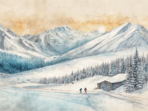 Eine winterliche Berglandschaft mit schneebedeckten Hügeln und majestätischen Bergen im Hintergrund. Im Vordergrund sind zwei Personen sichtbar, die Skier tragen und auf einem verschneiten Pfad entlanggehen. Zu ihrer Rechten befindet sich eine rustikale Holzhütte und eine Gruppe von Menschen, die in der Ferne weiter wandern. Die Bäume sind mit Schnee bedeckt und der Himmel zeigt einen sanften Farbverlauf von Orange und Gelb, was einen Sonnenaufgang or Sonnenuntergang vermuten lässt.