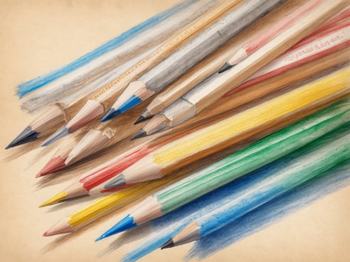 Eine Gruppe von Farben, einschließlich Buntstifte in verschiedenen Farben, liegt auf einem hellen Hintergrund. Die Stifte sind unterschiedlich angeordnet und zeigen eine Vielzahl an Farbtönen wie blau, rot, gelb, grün und schwarz. Diese Darstellung vermittelt den Eindruck von Kreativität und Lernmaterialien, die möglicherweise für bedürftige Kinder in Zambia gedacht sind, da Emirates 464 umweltfreundliche Schulrucksäcke spendet.