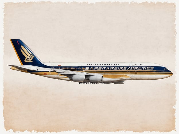 Ein Flugzeug der Singapore Airlines ist seitlich abgebildet. Die Maschine hat eine markante, blaue und goldene Lackierung mit dem Logo der Airline. Der Hintergrund ist cremefarben und vermittelt einen nostalgischen Eindruck. Die vorderen Teile des Flugzeugs sind detailliert sichtbar, einschließlich der Triebwerke und der Fensterreihe. Dies symbolisiert die neue Partnerschaft zwischen Singapore Airlines und Aether Fuels für nachhaltigen Flugtreibstoff.