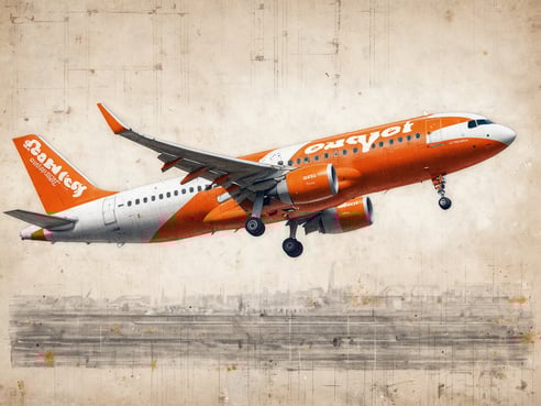 Ein orangefarbenes Flugzeug von easyJet hebt ab und fliegt im klaren Himmel. Die Maschine hat markante orange-weiße Farben und befindet sich in einer dynamischen Flugposition. Der Hintergrund zeigt eine leicht verwischte Darstellung einer Stadtlandschaft, die auf die Aktivität des Reisens hinweist. In der Gesamtkomposition wird ein nostalgisches Gefühl durch die bearbeitete Textur erzeugt, die an alte Fotografien erinnert.