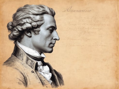 Ein historisches Porträt eines Mannes im Profil, der elegante Kleidung des 18. Jahrhunderts trägt. Sein Haar ist zu einer ordentlichen Frisur gewellt und zurückgebunden. Im Hintergrund befindet sich ein beige-farbener Horizont mit spärlichen handschriftlichen Notizen, die den Namen Amadeus und verschiedene künstlerische Erwähnungen enthalten. Die Komposition vermittelt einen klassischen und nostalgischen Eindruck, ideal für eine Zusammenarbeit von Amadeus und Microsoft: Cloud-Power für die Reise der Zukunft.