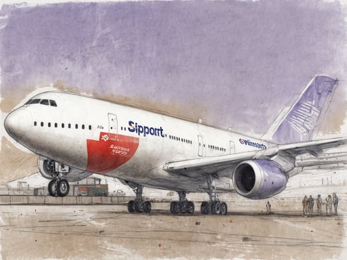 Ein großes Flugzeug steht am Boden eines Flughafens. Es trägt die Markenbezeichnung Sipport auf der linken Seite und hat eine rote Kennzeichnung unterhalb des Cockpits. Die Tragflächen sind breit und die Triebwerke sind gut sichtbar. Im Hintergrund sind Personen zu sehen, die sich in kleinen Gruppen versammeln, während im Hintergrund einige Container und Flughafenstrukturen erkennbar sind. Der Himmel hat eine künstlerische, sanfte Farbverläufe mit lila und braunen Tönen.