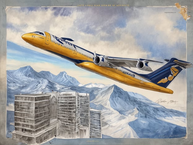 Ein Flugzeug mit gelb-blauer Lackierung hebt in einem Kunstwerk ab, während es über schneebedeckte Berge und moderne Gebäude fliegt. Die Landschaft zeigt eine Kombination aus urbaner Architektur und beeindruckender Bergkulisse. Der Himmel ist blau mit einigen Wolken, und das Gesamtbild vermittelt ein Gefühl von Bewegung und Höhe.