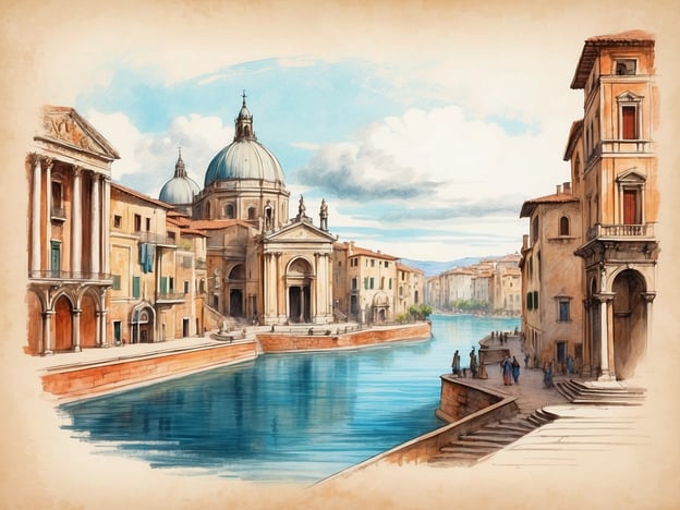 Das Bild zeigt eine malerische Szene, die an eine italienische Stadt erinnert, jedoch nicht spezifisch Florenz ist. Während Florenz für seine beeindruckende Architektur, insbesondere die Kathedrale Santa Maria del Fiore, bekannt ist, zeigt die Darstellung hier eine Stadt mit einem großen domartigen Gebäude und einem ruhigen Wasserlauf, der von historischen Gebäuden gesäumt ist.Florenz selbst hat eine reiche Geschichte, die von Kunst und Kultur geprägt ist. Dominiert von der Familie Medici, war die Stadt ein Zentrum der Renaissance, wo Künstler wie Michelangelo und Leonardo da Vinci tätig waren. Diese Tradition spiegelt sich in der Schönheit und dem architektonischen Erbe wider, das auch in diesem Bild erahnt werden kann.Die Szenerie vermittelt ein Gefühl von Ruhe und malerischer Schönheit, das typisch für viele italienische Städte des Renaissancezeitalters ist.