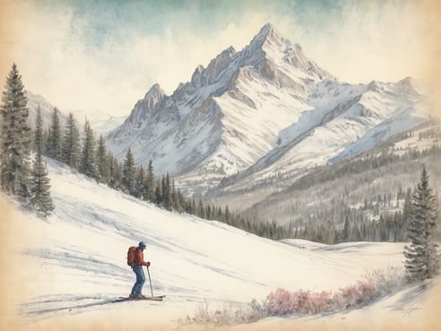 Ein Skifahrer mit einem roten Rucksack steht auf einer verschneiten Piste in den Bergen von Montana im Frühjahr. Im Hintergrund erheben sich majestätische, schneebedeckte Gipfel unter einem hellen, blauen Himmel. Die Landschaft ist von dichten Tannenwäldern umgeben, die den winterlichen Charme der Szene verstärken. Ein Hauch von Farbe signalisiert das beginnende Leben im Frühling.