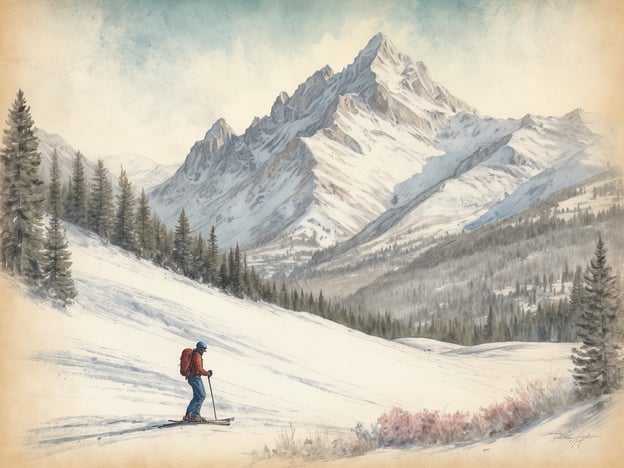 Ein Skifahrer mit einem roten Rucksack steht auf einer verschneiten Piste in den Bergen von Montana im Frühjahr. Im Hintergrund erheben sich majestätische, schneebedeckte Gipfel unter einem hellen, blauen Himmel. Die Landschaft ist von dichten Tannenwäldern umgeben, die den winterlichen Charme der Szene verstärken. Ein Hauch von Farbe signalisiert das beginnende Leben im Frühling.