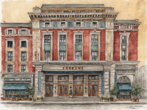 Das Bild zeigt eine farbenfrohe Aquarellzeichnung des Bellevue Hotels in Philadelphia. Die Fassade des historischen Gebäudes ist in rot und beige gehalten und zeigt zahlreiche Fenster mit blauen Akzenten. Im Vordergrund befinden sich große Holztüren, die den Eingang kennzeichnen. Auf beiden Seiten des Eingangs stehen grüne Pflanzen in Töpfen. Über dem Eingang prangt der Schriftzug Bellevue. Im Hintergrund ist ein sanfter, beiger Himmel zu sehen, der dem Bild eine warme Atmosphäre verleiht.