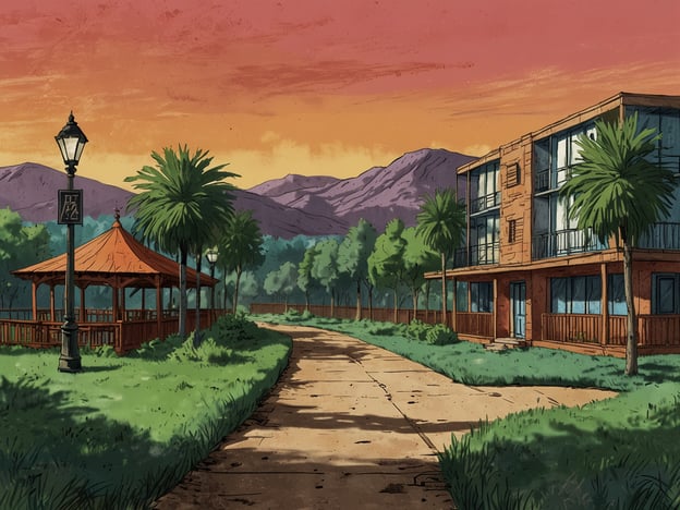 Auf dem Bild ist eine malerische Umgebung zu sehen, die von einem Weg umgeben ist, der durch eine grüne Landschaft führt. Auf der linken Seite befindet sich ein Pavillon, während auf der rechten Seite ein mehrstöckiges Gebäude zu sehen ist. Im Hintergrund ragen Berge auf, und der Himmel ist in warmen Farben gefärbt.

Die zentrale Lage dieser Szenerie könnte für eine entspannende Auszeit oder Freizeitaktivitäten geeignet sein. Die Erreichbarkeit ist durch den sichtbaren Weg gegeben, der zu einer komfortablen Erkundung der Umgebung einlädt. Diese idyllische Kulisse könnte sowohl für Touristen als auch für Einheimische ein attraktiver Ort sein, um die Natur zu genießen und sich zu entspannen.