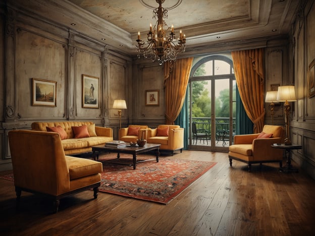 Auf dem Bild ist ein elegantes Zimmer zu sehen, das durch seine stilvolle Einrichtung besticht. Die Wände sind kunstvoll gestaltet, und große Fenster lassen Tageslicht herein, während sie einen Blick auf die grüne Umgebung bieten. Die Möbel sind in warmen Gelbtönen gehalten und laden zum Verweilen ein. Ein eleganter Teppich verleiht dem Raum eine behagliche Atmosphäre. Es ist der perfekte Ort für entspannte Stunden oder gesellige Zusammenkünfte in einem luxuriösen Ambiente.