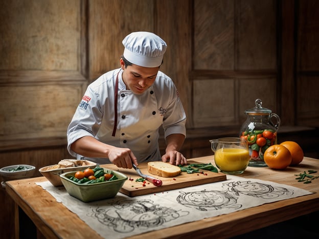 Auf dem Bild sieht man einen Koch, der in einer traditionellen Küche arbeitet. Er schneidet Käse und hat frisches Gemüse sowie Zitrusfrüchte um sich herum. Diese Szene spiegelt die kulinarischen Erlebnisse im Maison Messmer wider, wo exquisite Gerichte aus regionalen und saisonalen Zutaten zubereitet werden. Die Atmosphäre ist einladend und vermittelt ein Gefühl von Handwerkskunst und Liebe zur Gastronomie. In solch einem Ambiente können Gäste die Vielfalt und Qualität der Speisen genießen.