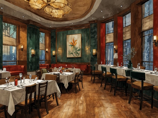 Auf dem Bild ist ein stilvolles Restaurant zu sehen, das eine elegante und einladende Atmosphäre ausstrahlt. Die Einrichtung umfasst Holzfußböden, dekorative Wände mit Grün- und Rottönen sowie eine ansprechende Beleuchtung. Die Tische sind sorgfältig gedeckt, mit Gläsern und Besteck, was auf eine gehobene Gastronomie hindeutet.

Gäste könnten in ihren Feedbacks die angenehme Atmosphäre und das stilvolle Ambiente hervorheben. Auszeichnungen wie „Bester Service“ oder „Romantischstes Restaurant“ könnten die Qualität der Gastronomie und die Zufriedenheit der Gäste widerspiegeln. Insgesamt vermittelt der Raum ein Gefühl von Komfort und Klasse, ideal für besondere Anlässe oder einen entspannten Abend zu zweit.