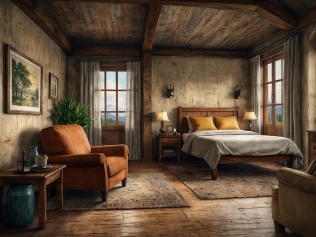 Auf dem Bild ist ein gemütliches Schlafzimmer zu sehen, das in einem rustikalen Stil eingerichtet ist. Es gibt ein großes Bett mit Kissen, einen komfortablen Sessel aus Leder und ein Holzregal mit einer kleinen Lampe. An den Wänden hängen Bilder, und große Fenster lassen viel Tageslicht herein, während eine Pflanze den Raum lebendiger erscheinen lässt. Der Boden besteht aus Holz und ein schöner Teppich sorgt für Wärme. Die Umgebung vermittelt eine einladende und entspannende Atmosphäre – ideal für komfortable Unterkünfte für jeden Bedarf.