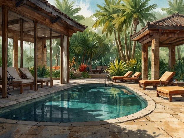 Auf dem Bild ist eine idyllische Wellnessoase für Körper und Geist zu sehen. In einem tropischen Ambiente befinden sich ein klarer Pool und bequeme Liegen aus Holz. Umgeben von üppigen Pflanzen und exotischen Blumen strahlt dieser Ort Ruhe und Entspannung aus. Die Architektur ist harmonisch in die Natur integriert und lädt dazu ein, sich auszuruhen und zu regenerieren.