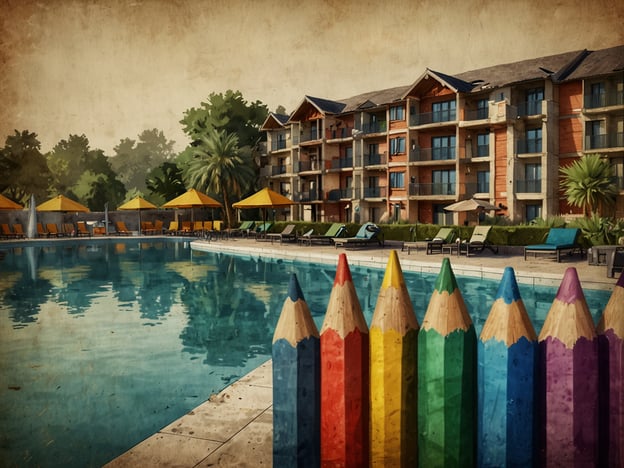 Auf dem Bild ist eine schöne Poollandschaft zu sehen, die von einem modernen Hotelkomplex umgeben ist. Am Rand des Pools befinden sich Sonnenschirme und Liegen, die zum Entspannen einladen. Im Vordergrund sieht man farbenfrohe Buntstifte, die einen spielerischen Akzent setzen, was eine freundliche Atmosphäre vermittelt. Diese Szene könnte eine Vielzahl von Unterkunftsmöglichkeiten darstellen, die für jeden Bedarf geeignet sind, von Familienferien bis hin zu romantischen Ausflügen.