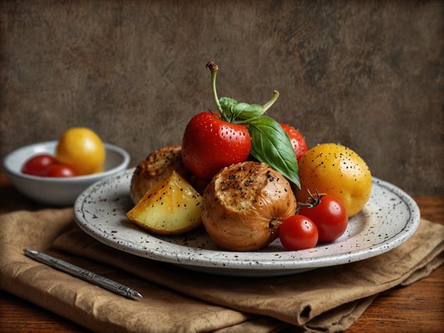 Auf dem Bild sieht man eine ansprechend angerichtete Platte mit verschiedenen Obstsorten und einer gefüllten Zwiebel. Die Farben der Fruchtauswahl, wie die roten Tomaten und Erdbeeren sowie die gelbe Zitrone, sorgen für eine lebendige Präsentation.Im Dorint Kongresshotel könnte man ähnliche kulinarische Highlights erwarten, wie frisch zubereitete regionale Gerichte, exquisite Salate und kreative Obstvariationen, die sowohl das Auge als auch den Gaumen erfreuen. Ein besonderes Augenmerk liegt oft auf saisonalen Zutaten und einer ansprechenden Präsentation.