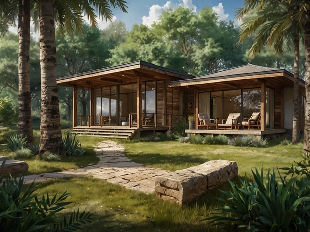 Auf dem Bild ist ein modernes Holzhaus zu sehen, umgeben von üppiger Natur und Palmen. Es gibt einen gepflasterten Weg, der zum Haus führt, und im Vordergrund sind einige Steine sowie grüne Pflanzen.Für eine entspannende Auszeit zwischendurch könntest du Folgendes ausprobieren:1. **Meditation**: Nimm dir ein paar Minuten, um in ruhiger Umgebung zu sitzen und tief durchzuatmen.2. **Kurzer Spaziergang**: Genieße die frische Luft und die Natur, genau wie auf dem Bild.3. **Eine Tasse Tee**: Mach dir deinen Lieblingstee und nutze die Zeit, um einfach zu entspannen.4. **Buch lesen**: Gönn dir eine kleine Lesepause mit einem guten Buch.Nimm dir Zeit für dich selbst!