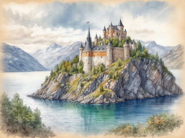 Eine majestätische Burg thront auf einer felsigen Insel, umgeben von klarem Wasser und gekrönt von Bergen. Die Architektur der Burg ist beeindruckend, mit hohen Türmen und Zinnen, während eine sanfte Vegetation die Uferlinie ziert. Der Himmel ist bewölkt, was der Szenerie eine mystische Atmosphäre verleiht. Dieses Bild fängt die Schönheit von Nordeuropa ein und erinnert an historische Legenden. Entdecke Nordeuropas Zauber: Burgen, Fjorde und uralte Seen mit Seabourn 2025.