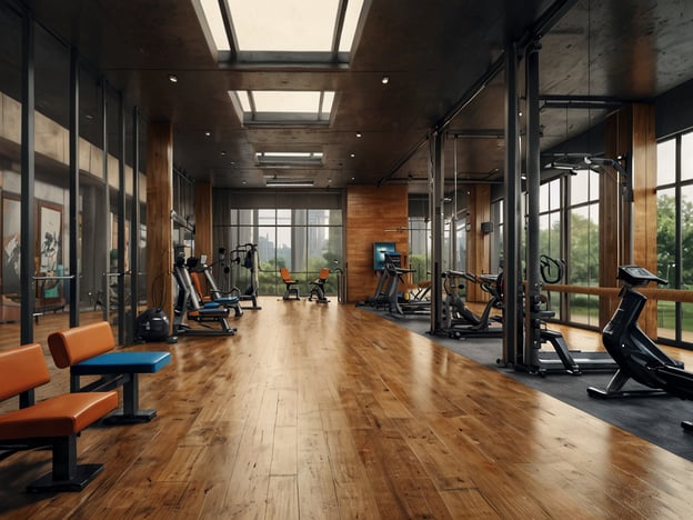 Auf dem Bild ist ein modernes Fitnessstudio zu sehen. Der Raum hat große Fenster, die viel Tageslicht hereinlassen und einen Blick nach draußen ermöglichen. Es gibt verschiedene Trainingsgeräte, darunter Kraftmaschinen und Ergometer, die für ein vielseitiges Workout genutzt werden können. Die Böden sind aus Holz, und es sind mehrere Sitzmöglichkeiten in orange und blau vorhanden. Das Gesamtbild vermittelt eine einladende und motivierende Atmosphäre für sportliche Aktivitäten.