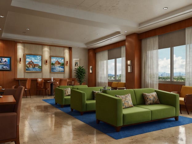 Auf dem Bild ist ein modernes und einladendes Wohnzimmer oder eine Lounge zu sehen. Die Einrichtung besteht aus mehreren bequemen, grünen Sofas und Stühlen, die um Tische gruppiert sind. An den Wänden hängen einige farbenfrohe Bilder, und große Fenster sorgen für viel natürliches Licht und einen weiten Blick nach draußen.Gäste könnten die gemütliche Atmosphäre und das ansprechende Design loben. Bewertungen könnten darauf hinweisen, dass dieser Raum perfekt für Entspannung oder informelle Treffen geeignet ist. Viele wären wahrscheinlich begeistert von der modernen und zugleich einladenden Gestaltung, die ein Gefühl von Ruhe und Komfort vermittelt. Einige könnten auch die Nähe zur Natur schätzen, die durch die großen Fenster verstärkt wird.